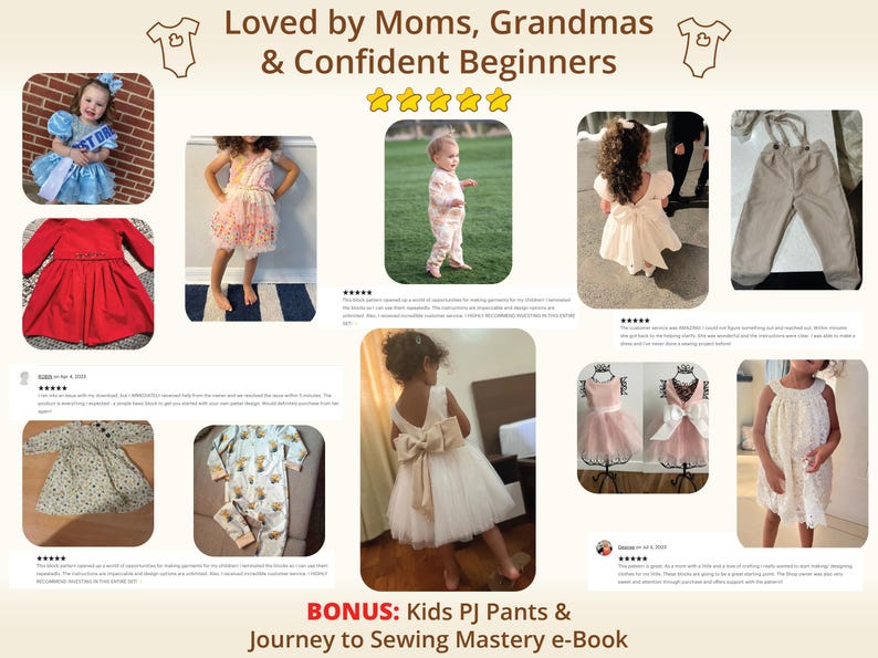 Customer reviews and finished makes collage showing real children wearing garments sewn from the patterns, shared by moms and grandmas worldwide, builds trust and confidence through authentic results, demonstrates how baby sewing pattern and toddler sewing pattern projects look in real life, reassures new buyers that kids pdf sewing pattern designs are achievable, loved and successfully sewn by confident beginners.