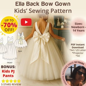 Modello di cucito per abito da damigella, abito da bambina con fiocco posteriore, abito da battesimo fai da te, abito da compleanno, abito da laurea PDF, abito da battesimo di Pasqua