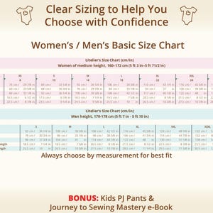 Adult women and men basic size chart for sewing patterns, displaying clear body measurements in centimeters and inches for accurate sizing, designed to support family sewing projects and matching outfits, helpful for confident beginners working with printable sewing pattern files, allows sewists to select the correct size using real measurements instead of guessing, perfect companion for beginner-friendly sewing tutorial and kids pdf sewing pattern bundles that include adult sizing options.