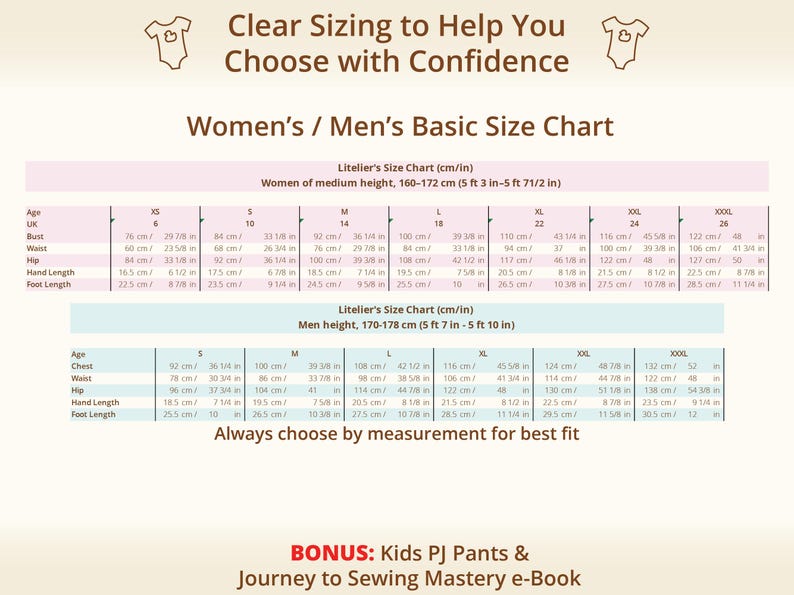 Adult women and men basic size chart for sewing patterns, displaying clear body measurements in centimeters and inches for accurate sizing, designed to support family sewing projects and matching outfits, helpful for confident beginners working with printable sewing pattern files, allows sewists to select the correct size using real measurements instead of guessing, perfect companion for beginner-friendly sewing tutorial and kids pdf sewing pattern bundles that include adult sizing options.