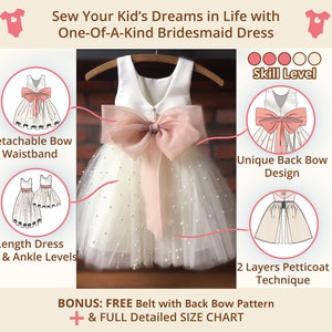 Average Sewing Pattern skill level. Kids Dress pattern for ring bearer, Baptism or as a Birthday outfit features Big double bow at the back, tulle skirt with petticoat, 2 length variations knee or ankle dress for easter outfit or christmas dress