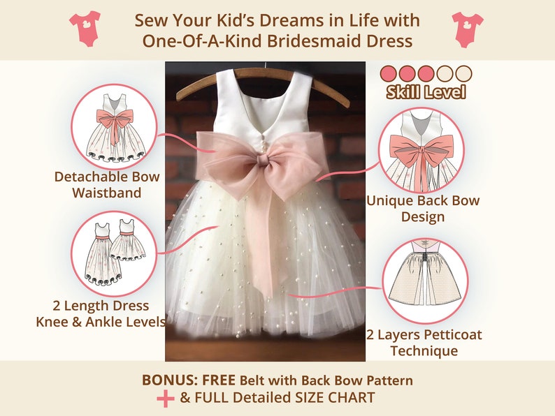 Average Sewing Pattern skill level. Kids Dress pattern for ring bearer, Baptism or as a Birthday outfit features Big double bow at the back, tulle skirt with petticoat, 2 length variations knee or ankle dress for easter outfit or christmas dress