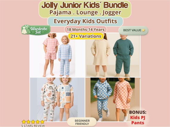 Kids Christmas Pajama Sewing Pattern Baby Toddler Lounge Set PDF Hoodie Jogger Pullover Top Shorts Pants Unisex PJs DIY Knit Beginner