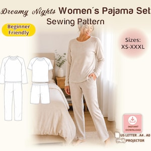 Women Pajama PDF Sewing Pattern, Raglan Sleepwear Set With Pockets, Short or Long Sleeve Top, Shorts or Pants