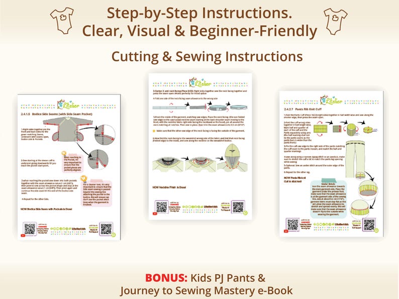 Preview of clear cutting and sewing instructions featuring visual diagrams and step by step guidance, designed to support confident beginners through the sewing process, shows how printable sewing pattern instructions are laid out for easy understanding, helpful for baby sewing pattern and toddler sewing pattern users who prefer visual learning, reassures moms and grandmas that kids pdf sewing pattern tutorials are beginner friendly and thoughtfully explained.