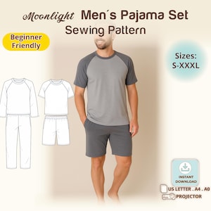 Men Pajama Sewing Pattern, Raglan Sleeve Sleepwear Set, Shorts or Pants, Relaxed Fit Nightwear