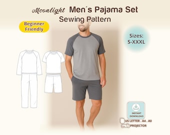 Men Pajama Sewing Pattern, Raglan Sleeve Sleepwear Set, Shorts or Pants, Relaxed Fit Nightwear