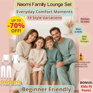 Family lounge sewing pattern bundle showing matching outfits for parents and kids in soft neutral tones, designed to help plan multiple sewing projects and create coordinated everyday outfits for the whole family