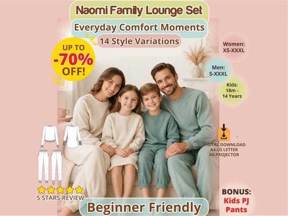 Family Lounge Set PDF Sewing Pattern Bundle Kids Hoodie, Women Jogger, Men Tracksuit Pants, Top Sweatsuit Unisex Comfy Loungewear NB–Adult