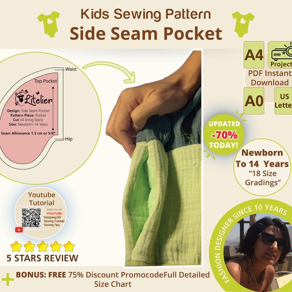 Infant Side seam pocket pattern patch pocket pdf children inseam pocket kids Free sewing pattern Size Newborn to 14 Year