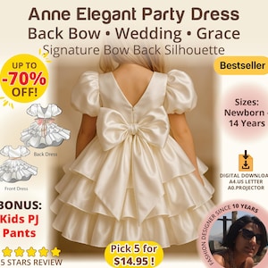 Patrón de costura para vestido de fiesta de cumpleaños infantil, traje de bautizo para niña, vestido de bautizo en PDF, elegante vestido de dama de honor con volantes y capas, vestido de graduación