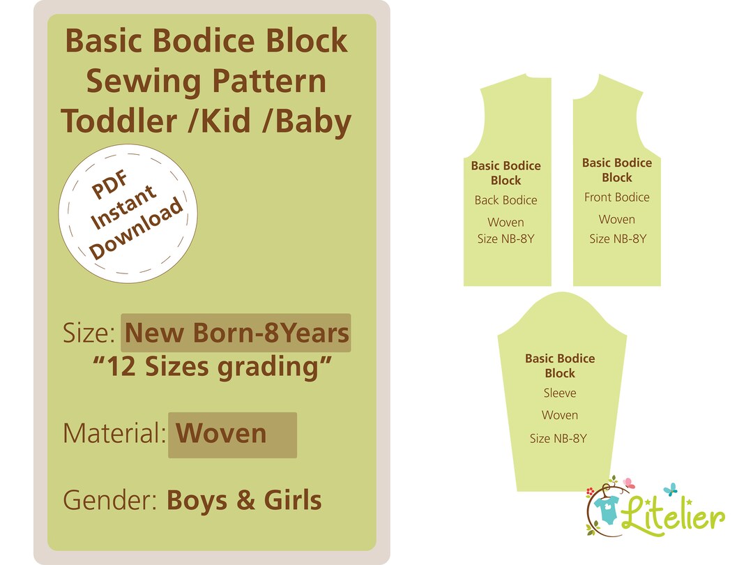 Infant Basic Bodice Block woven Kids Sewing Pattern With Sleeves-size ...