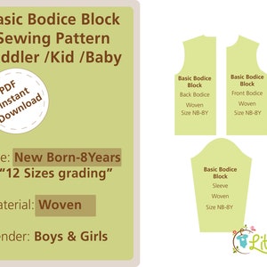 Infant Basic Bodice Block (Woven) Kids sewing pattern with sleeves-Size NB-8Y, linen top toddler, newborn, child sloper