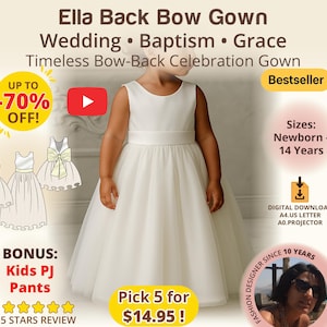 バックリボンフラワーガールドレス 女の子用縫製パターン エレガントな洗礼式ガウン DIYウェディング衣装 デジタルダウンロード PDFチュートリアル 子供用お祝いドレス