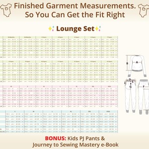 Size chart from a family sewing pattern bundle covering kids and adults, designed to help achieve accurate fit across multiple projects and plan a coordinated handmade wardrobe