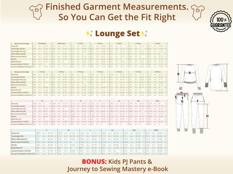 Size chart from a family sewing pattern bundle covering kids and adults, designed to help achieve accurate fit across multiple projects and plan a coordinated handmade wardrobe
