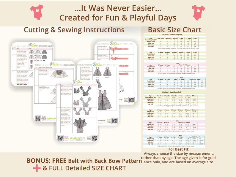 It was Never Easier, Basic Size chart to enable choosing the right size that best fit your child. Table for Fabric meterage or yardage as well as notions required. Step by Step Sewing instructions.Mockup or sample is always recommended