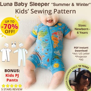 Baby Sleeper Pattern with Zipper for Summer and Winter Footless Pajamas Sewing PDF Kids Onesie with Shorts Long Sleeve Newborn Sleepsuit DIY
