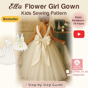 Puede incluir: Patrón de costura infantil Ella Flower Girl Gown, tallas de recién nacido a 14 años. Incluye guía paso a paso, descarga instantánea para US Letter, A4, A0 y proyector. Vestido color crema sin mangas con un gran lazo en la espalda.