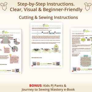 Preview of clear cutting and sewing instructions featuring visual diagrams and step by step guidance, designed to support confident beginners through the sewing process, shows how printable sewing pattern instructions are laid out for easy understanding, helpful for baby sewing pattern and toddler sewing pattern users who prefer visual learning, reassures moms and grandmas that kids pdf sewing pattern tutorials are beginner friendly and thoughtfully explained.