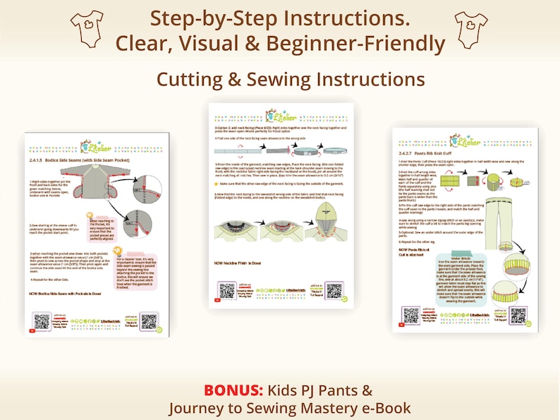 Preview of clear cutting and sewing instructions featuring visual diagrams and step by step guidance, designed to support confident beginners through the sewing process, shows how printable sewing pattern instructions are laid out for easy understanding, helpful for baby sewing pattern and toddler sewing pattern users who prefer visual learning, reassures moms and grandmas that kids pdf sewing pattern tutorials are beginner friendly and thoughtfully explained.