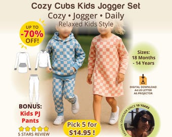Kids Jogger Set Sewing Pattern, Raglan Hoodie or Neckband Top, Jogger Tracksuit Pants with Kangaroo or Side Pockets