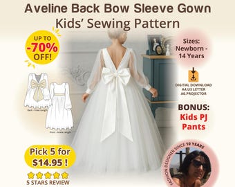 Flower Girl Gown Kids Sewing Pattern Long Sleeve Occasion Modesty Dress Sew Holiday Wedding Winter Outfit Printable Tutorial Bow Back Gown