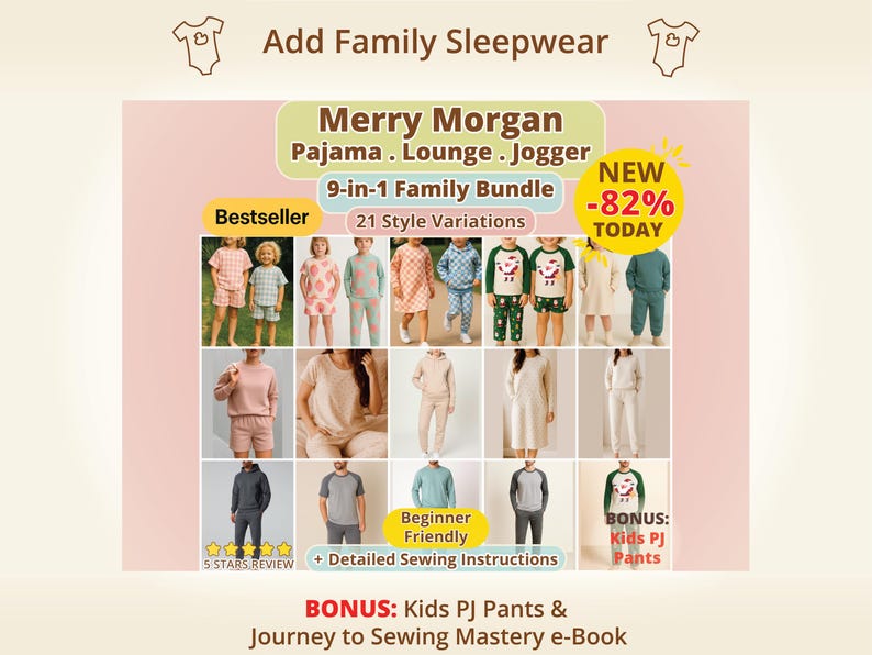 Family pajama Lounge Jogger sewing pattern bundle layout showing multiple outfit variations across ages and sizes, highlighting mix and match possibilities and helping sewists plan coordinated sewing projects with clarity and ease
