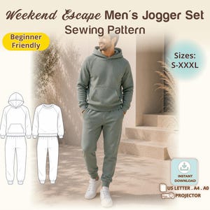 Patrón de costura para conjunto de jogging para hombre, sudadera con capucha o cuello con mangas raglán, puños de punto acanalado, corte holgado