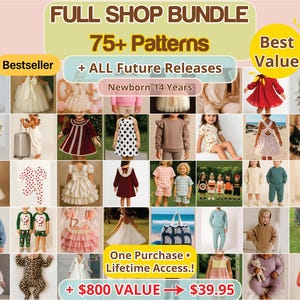 Kids Sewing Pattern Bundle PDF – Full Shop Access, Baby Toddler Birthday Holiday Pajamas Dresses Rompers Basics Sewing Patterns, Size NB–14Y