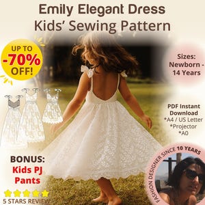 Flower Girl Dress Kids Sewing Pattern, Backless Bridesmaid Gown With Shoulder Bows, First Birthday Dress, Easter Dress, Retro Wedding Gown
