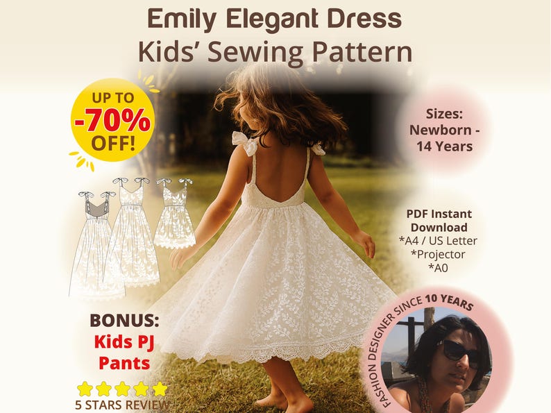 Discover the Emily Elegant Dress Sewing Pattern for girls—an ideal flower girl dress sewing pattern that includes bonus kids PJ pants and a sewing mastery eBook. Designed for charming events like weddings, baptisms, and birthdays, it comes with clear cutting and sewing instructions that make creating this tulle and lace dress effortless and joyful.