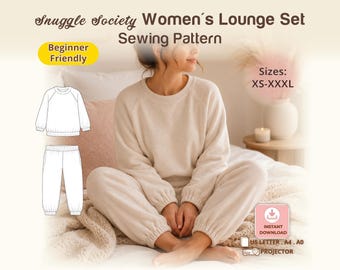 Women Lounge Set Sewing Pattern, Raglan Sleeve Top, Elastic Cuffs or Sweatshirt Foldable Mittens and Pants Footies