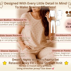 Close view of womens pajama set with relaxed fit within a sewing pattern bundle, highlighting comfort focused design and versatile styling, perfect for sewists planning multiple sewing projects who want a beginner sewing bundle that supports easy wardrobe building and reduces overwhelm