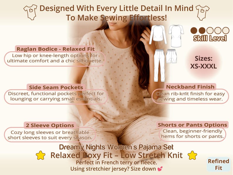 Close view of womens pajama set with relaxed fit within a sewing pattern bundle, highlighting comfort focused design and versatile styling, perfect for sewists planning multiple sewing projects who want a beginner sewing bundle that supports easy wardrobe building and reduces overwhelm