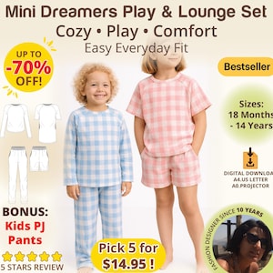 Kinder Pyjama Schnittmuster, Classic Lounge Set mit Taschen PDF Pattern, Easy Kleinkind Nachtwäsche, Nachtwäsche Set Raglan Top, Shorts oder Hosen