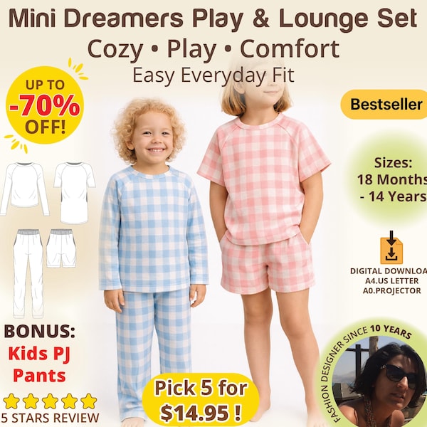 Patrón de costura de pijama para niños, conjunto clásico con bolsillos, patrón PDF, pijama fácil para niños pequeños, conjunto de pijama con top raglán, pantalones cortos o pantalones.