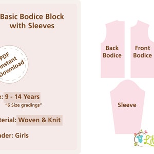 Girls Sloper Basic Bodice block with Sleeves Kids sewing pattern Size 9 to 14 Years