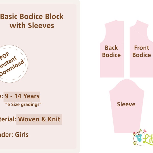 Girls Sloper Basic Bodice block with Sleeves Kids sewing pattern Size 9 to 14 Years