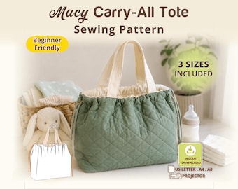 Drawstring Tote Bag Sewing Pattern PDF, Carry All Tote with Compartments, Diaper Bag Organizer, Beach Bag, Knitting Project Bag S M L