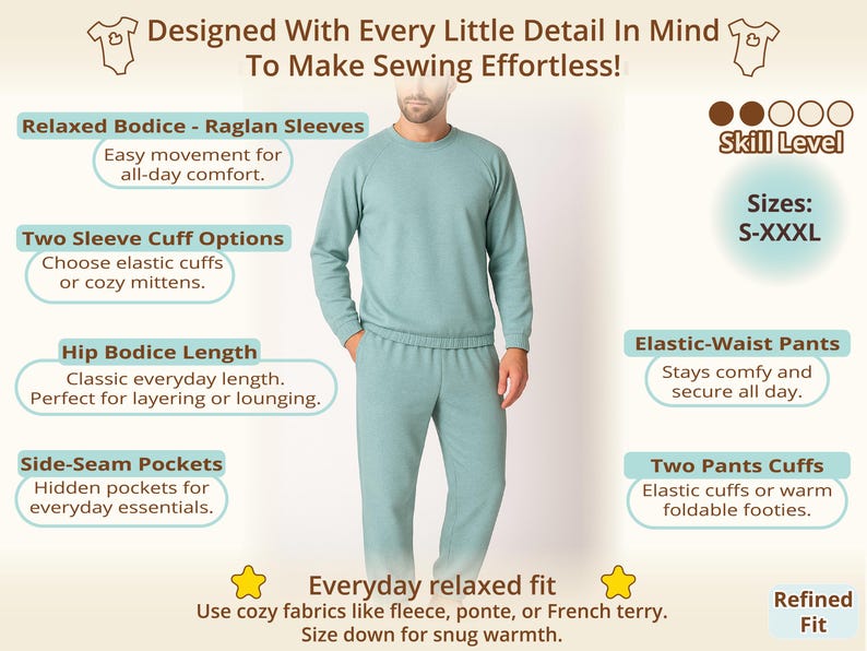 Mens lounge set included in a sewing pattern bundle with clean relaxed silhouette, designed for practical everyday comfort and ideal for planning multiple sewing projects for the whole family