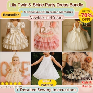 Pacote de moldes para costura de vestido de festa infantil em PDF para bebês e crianças pequenas, ideal para aniversários, daminhas de honra e ocasiões especiais. Tamanhos RN a 14 anos.