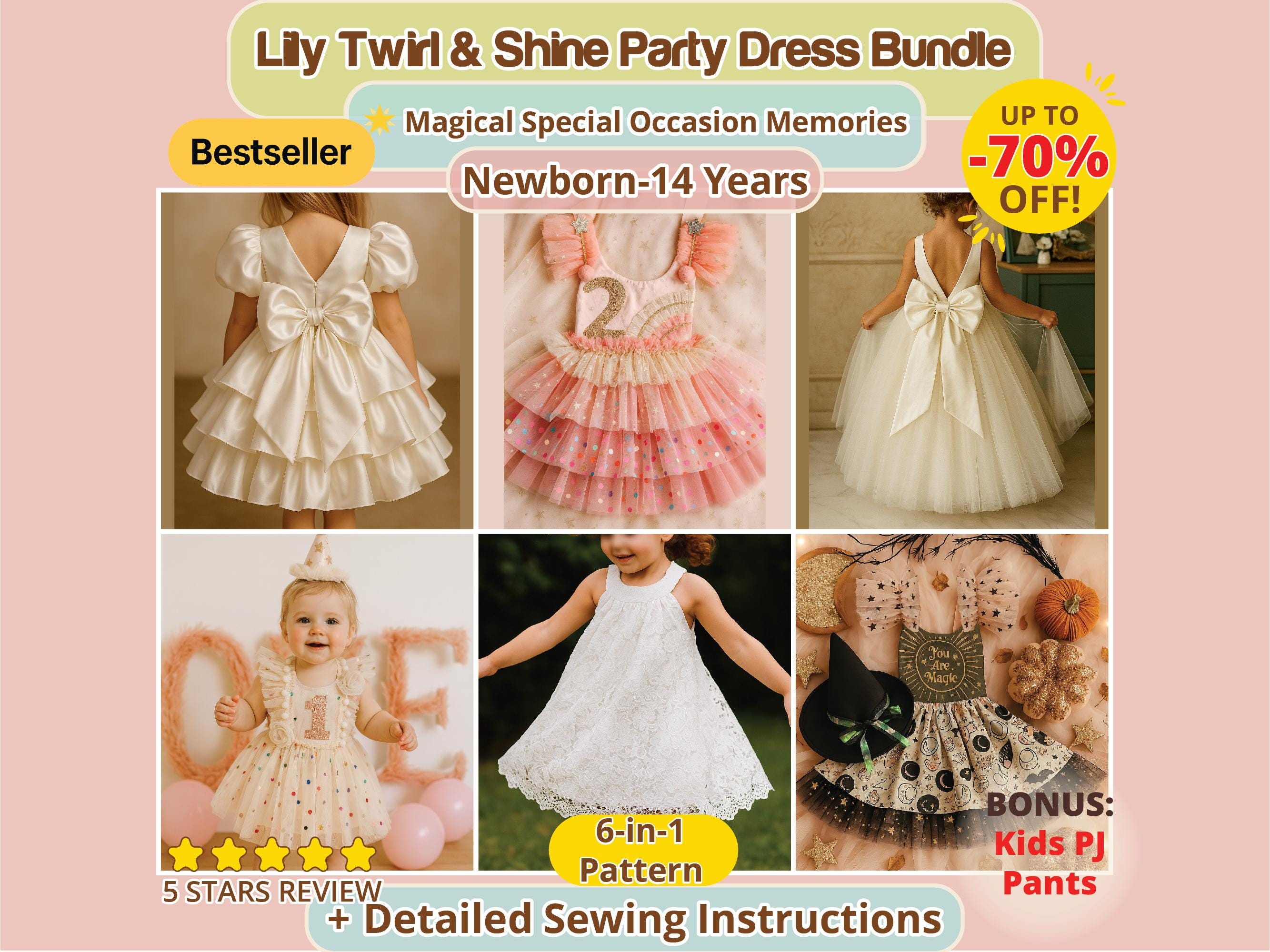 Girls Party Dress Sewing Pattern Bundle PDF Baby Toddler Birthday Dress  Kids Flower Girl Special Occasion Twirl Gown Pattern DIY, NB14Y