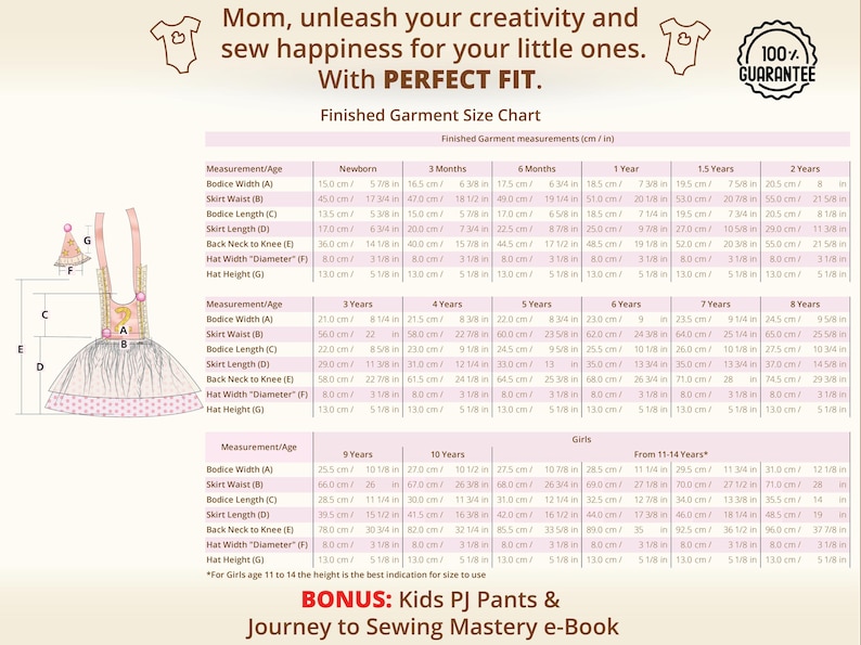 Inside this pattern you’ll find a detailed finished garment size chart, helping you confidently sew the perfect party dress for your little one. The Celeste Sparkle Party Dress pattern is designed to grow with your child, from newborn celebrations to big-kid birthday parties, offering timeless style and comfort for every age and special occasion.