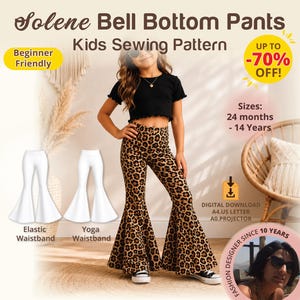 May include: Solene Bell Bottom Pants Kids Sewing Pattern featuring a digital download for sizes 24 months to 14 years. Includes options for an elastic or yoga waistband. The pattern allows for creating flared trousers with a leopard print or solid white.