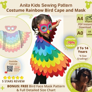 Anita Halloween Costume Rainbow Bird kids sewing pattern Cape and Mask parrot wing toddler Size 2-14 Years- easy sewing pattern