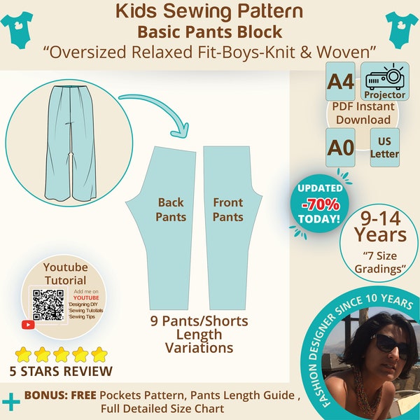 Boys Pants Basic Block Easy Relaxed fit Kids Sewing Pattern two pieces Trousers Sloper (Knit Jersey/Woven)- Size 9Y-14Y