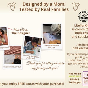 Meet the designer image introducing Gina, a mom and pattern designer, sharing the personal story behind the brand and the care put into each design, builds trust through real family testing and hands on creation, reassures buyers that support is available when sewing, perfect for those choosing a kids pdf sewing pattern or beginner-friendly sewing tutorial from a real person who understands family needs.