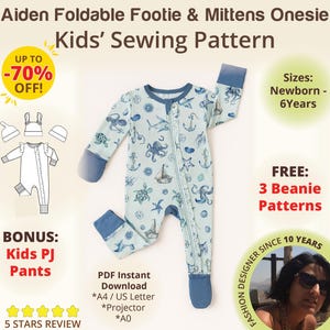 Zipper Sleeper Onesie Baby Pajama Sewing Pattern Foldable Footie Mittens Pajamas PDF Baby Footed Romper Newborn Zip Sleeper Kids DIY Pajama