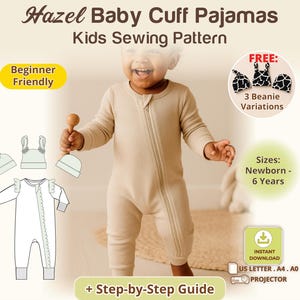 Baby Romper Pajamas with zipper Sewing Pattern with Cuffs, Newborn Zipped Onesie Pattern with Ruffles | Toddler Sleeper Footless | Beanie